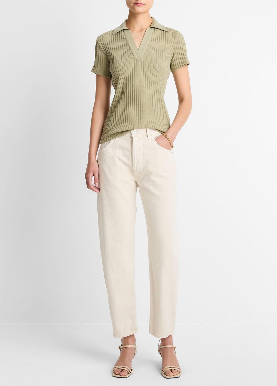 Ribbed Cotton-Blend Polo Shirt in Short Sleeve | VINCE Women