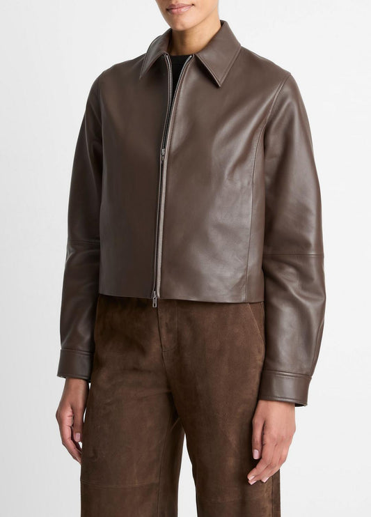 Leather Cropped Zip-Front Jacket in Leather Jackets | VINCE Women