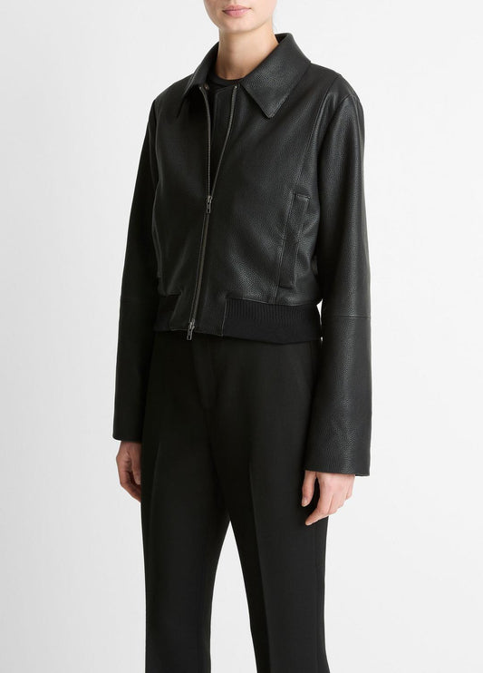 Shearling-Trim Shrunken Leather Jacket in Leather Jackets | VINCE Women