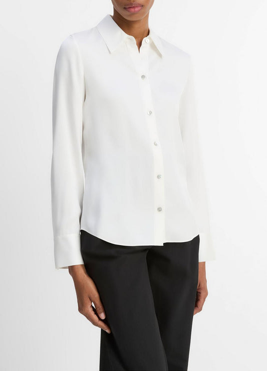 Silk-Blend Slim Button-Front Blouse in Long Sleeve | VINCE Women