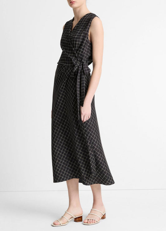 Trellis Plaid Draped Sleeveless Wrap Dress in Dresses & Skirts | VINCE Sale