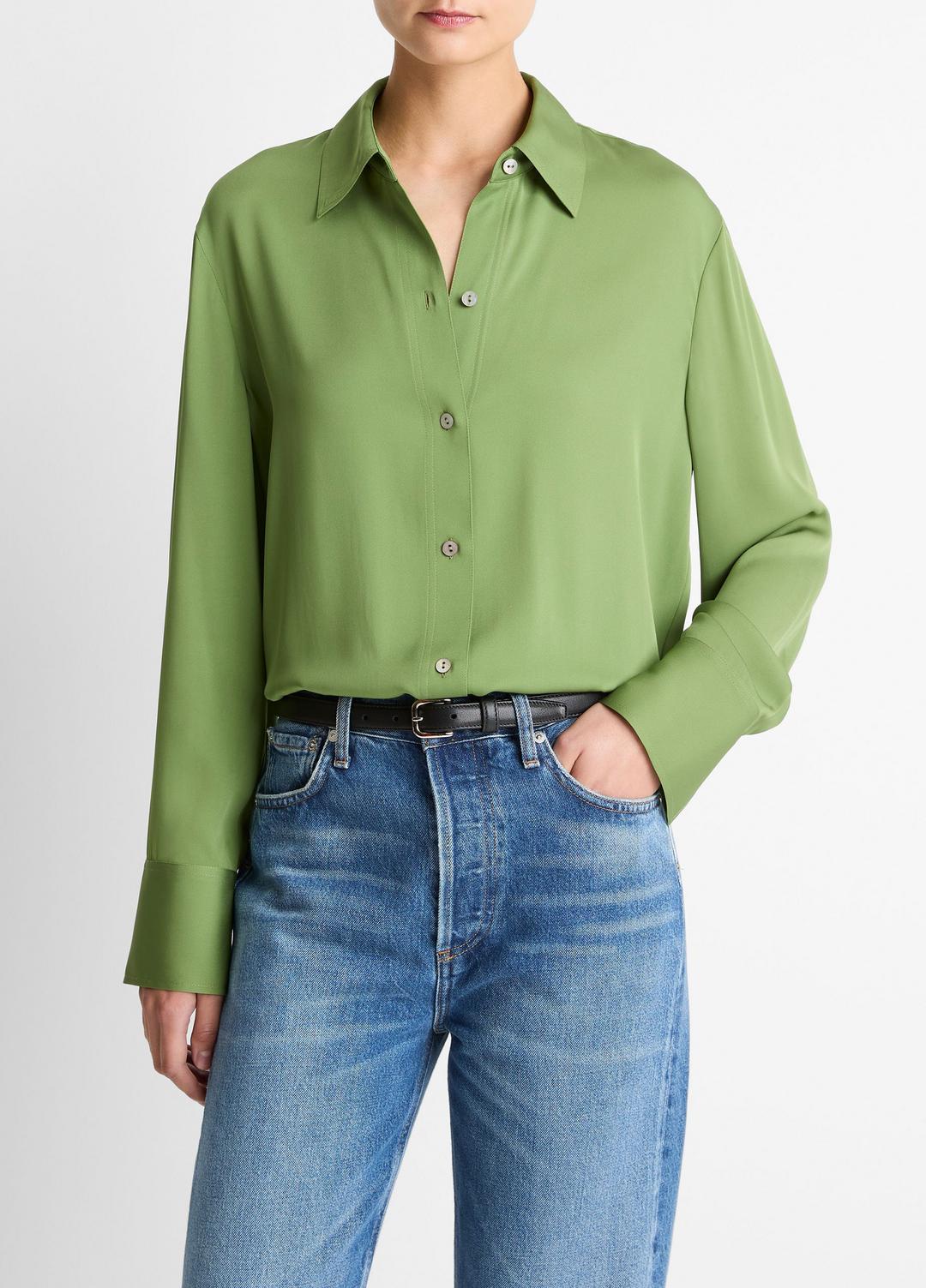 Stretch-Silk Button-Front Blouse in Long Sleeve | VINCE Women