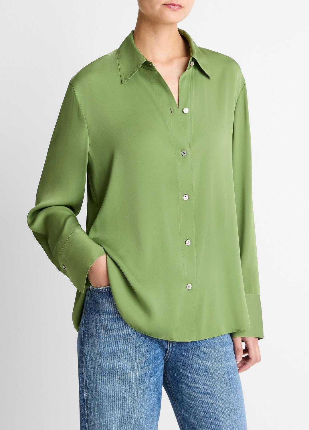 Stretch-Silk Button-Front Blouse in Long Sleeve | VINCE Women