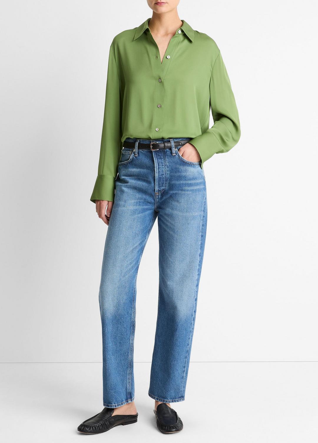 Stretch-Silk Button-Front Blouse in Long Sleeve | VINCE Women