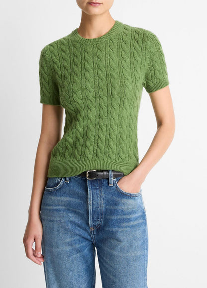 Cable-Knit Wool & Cashmere-Blend Short-Sleeve Sweater in Crew Neck | VINCE Women