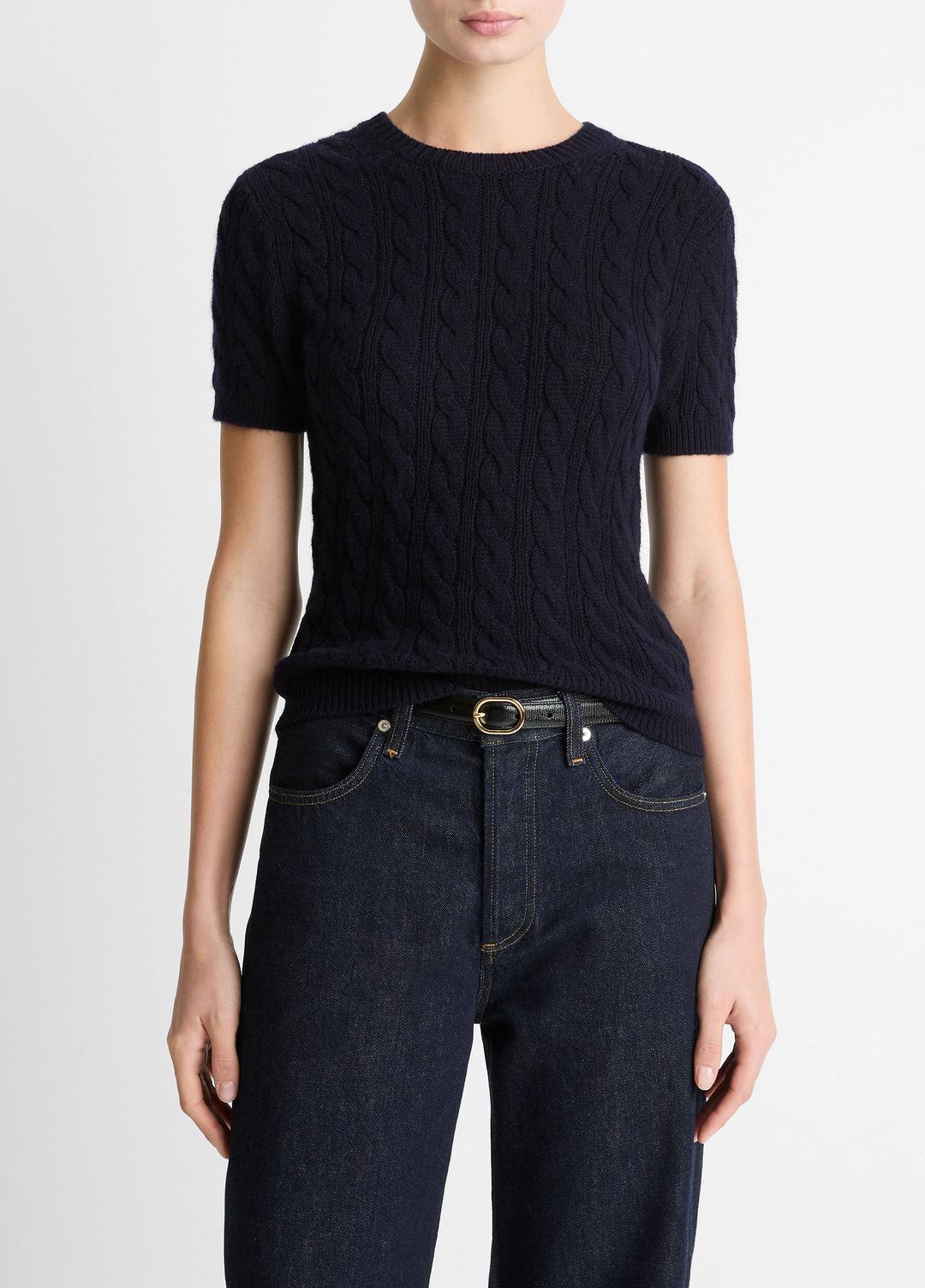 Cable-Knit Wool & Cashmere-Blend Short-Sleeve Sweater in Crew Neck | VINCE Women