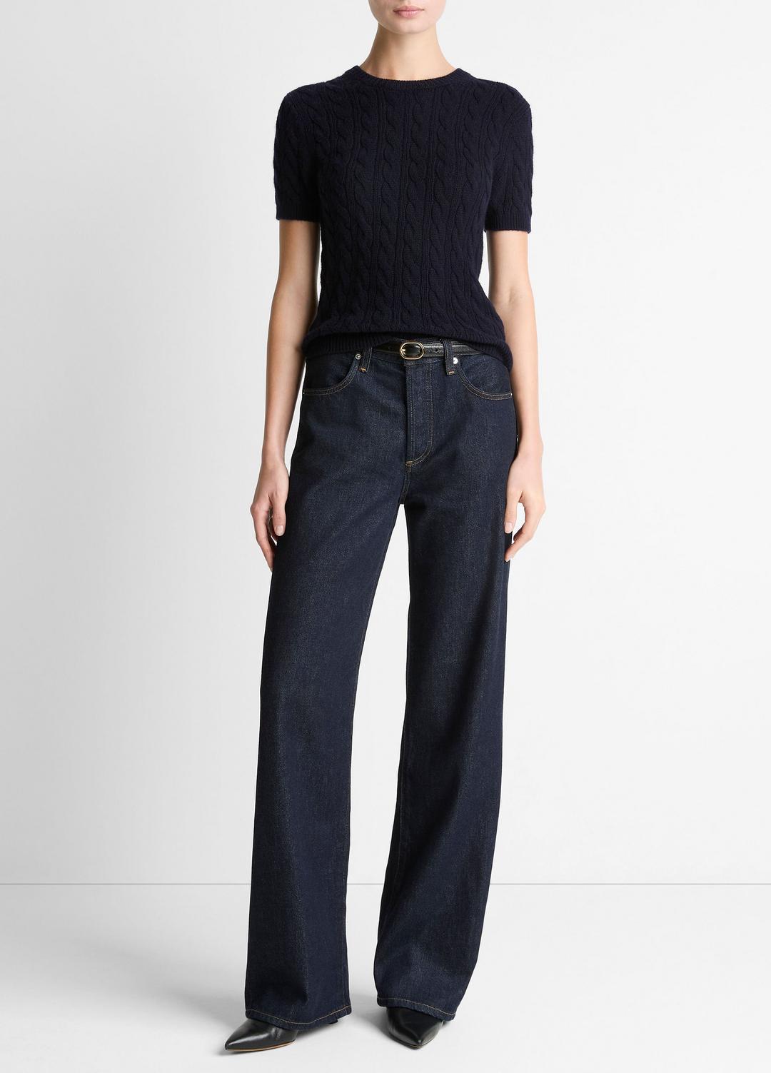 Cable-Knit Wool & Cashmere-Blend Short-Sleeve Sweater in Crew Neck | VINCE Women