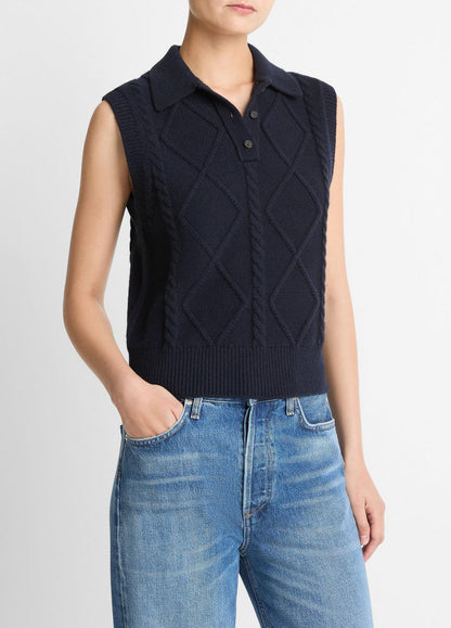 Cable-Knit Wool & Cotton-Blend Sweater Vest in V-Neck | VINCE Women
