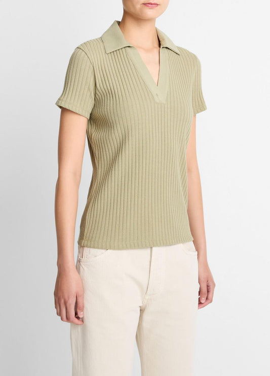 Ribbed Cotton-Blend Polo Shirt in Short Sleeve | VINCE Women