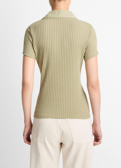 Ribbed Cotton-Blend Polo Shirt in Short Sleeve | VINCE Women
