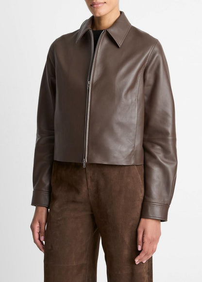 Leather Cropped Zip-Front Jacket in Leather Jackets | VINCE Women