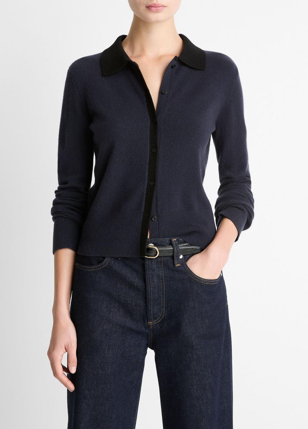 Contrast-Trim Wool & Cashmere-Blend Collared Cardigan in Cardigans | VINCE Women