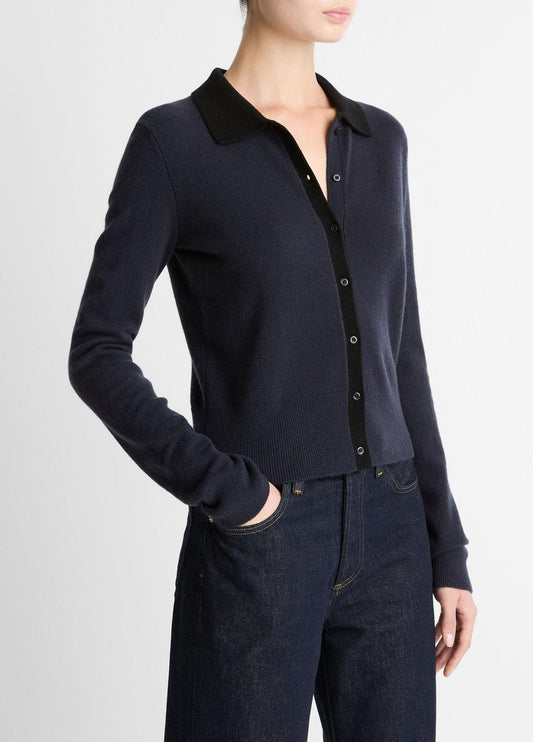 Contrast-Trim Wool & Cashmere-Blend Collared Cardigan in Cardigans | VINCE Women