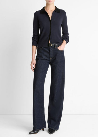 Contrast-Trim Wool & Cashmere-Blend Collared Cardigan in Cardigans | VINCE Women