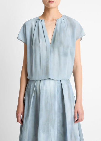 Washed Ombré Silk Gathered Cap-Sleeve Blouse in Short Sleeve | VINCE Women