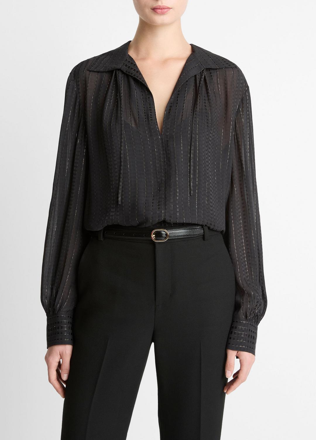 Metallic-Stripe Gathered Blouse in Long Sleeve | VINCE Women