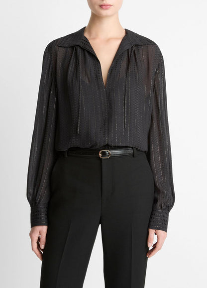 Metallic-Stripe Gathered Blouse in Long Sleeve | VINCE Women