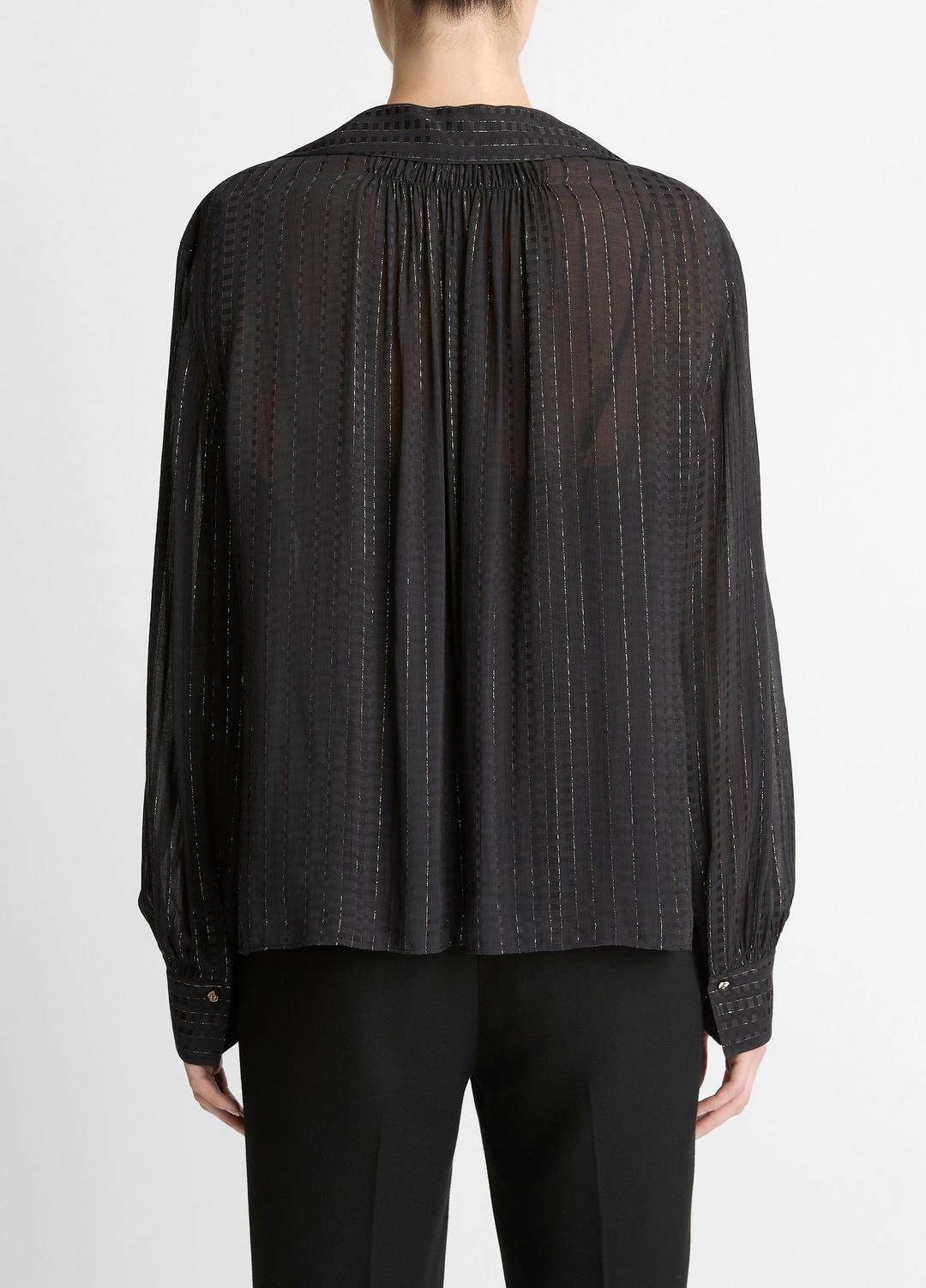 Metallic-Stripe Gathered Blouse in Long Sleeve | VINCE Women