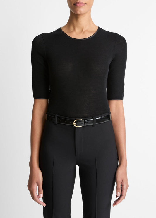 Satin-Trim Wool Elbow-Sleeve T-Shirt in Short Sleeve | VINCE Women