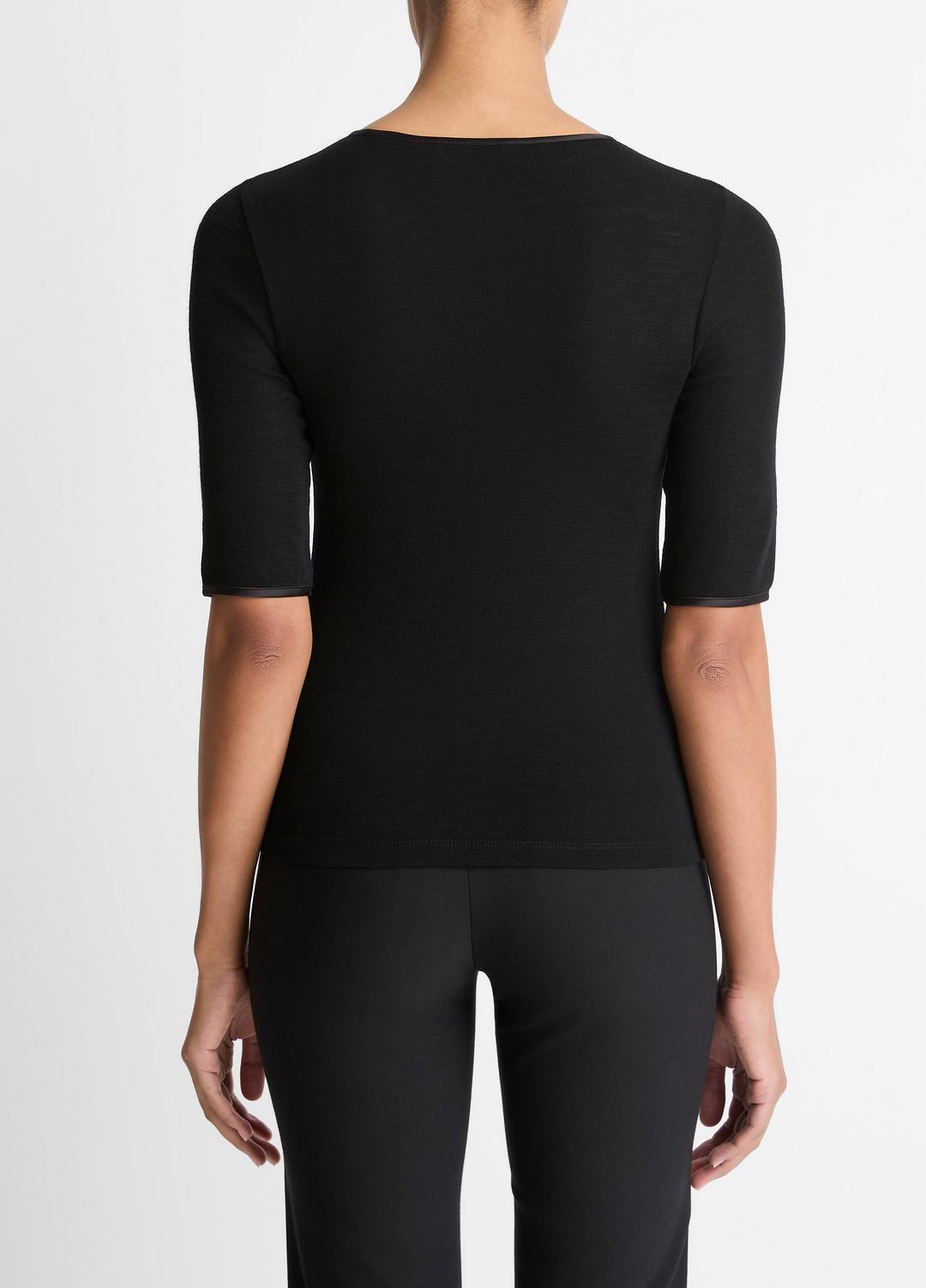 Satin-Trim Wool Elbow-Sleeve T-Shirt in Short Sleeve | VINCE Women