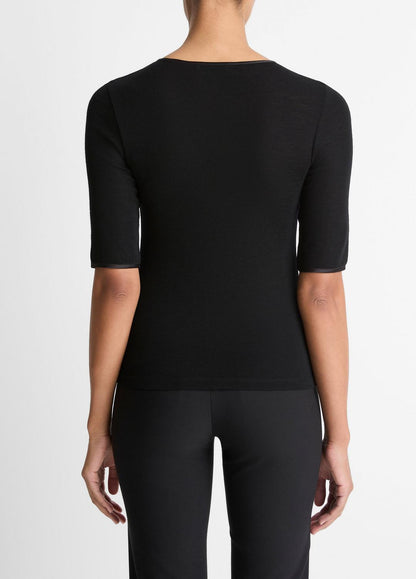 Satin-Trim Wool Elbow-Sleeve T-Shirt in Short Sleeve | VINCE Women