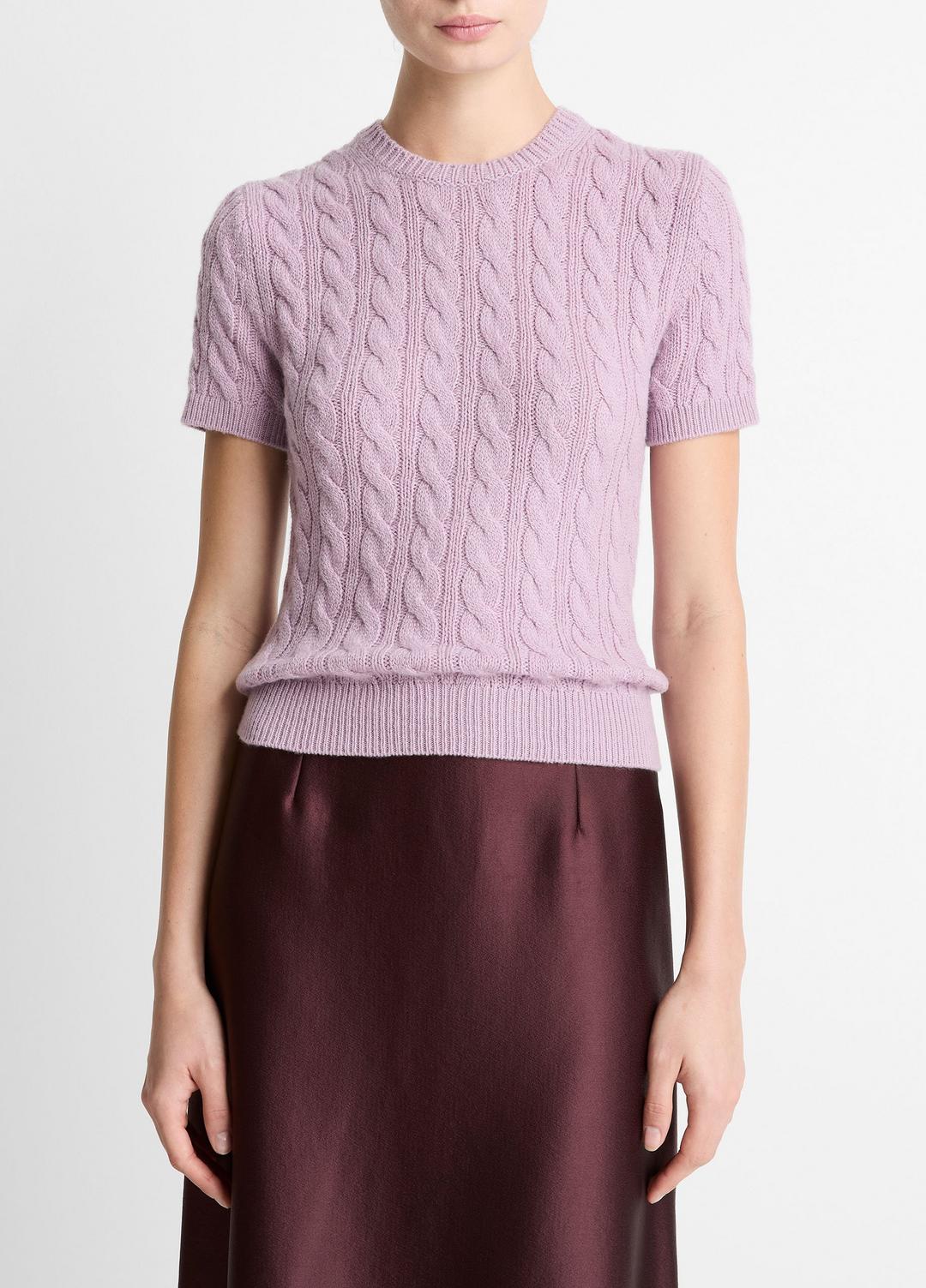 Cable-Knit Wool & Cashmere-Blend Short-Sleeve Sweater in Crew Neck | VINCE Women