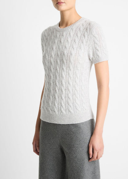 Cable-Knit Wool & Cashmere-Blend Short-Sleeve Sweater in Crew Neck | VINCE Women