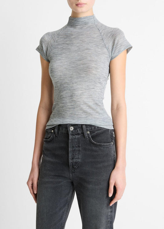 Wool Raglan Cap-Sleeve Mock-Neck Top in Short Sleeve | VINCE Women