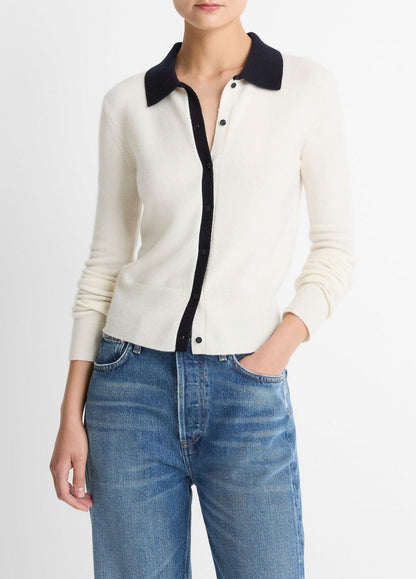 Contrast-Trim Wool & Cashmere-Blend Collared Cardigan in Cardigans | VINCE Women