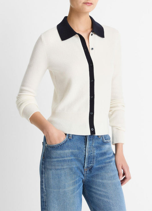 Contrast-Trim Wool & Cashmere-Blend Collared Cardigan in Cardigans | VINCE Women