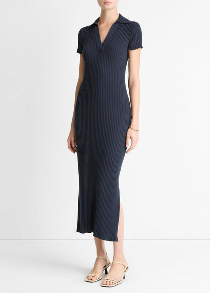 Ribbed Cotton-Blend Polo Dress in Dresses | VINCE Women
