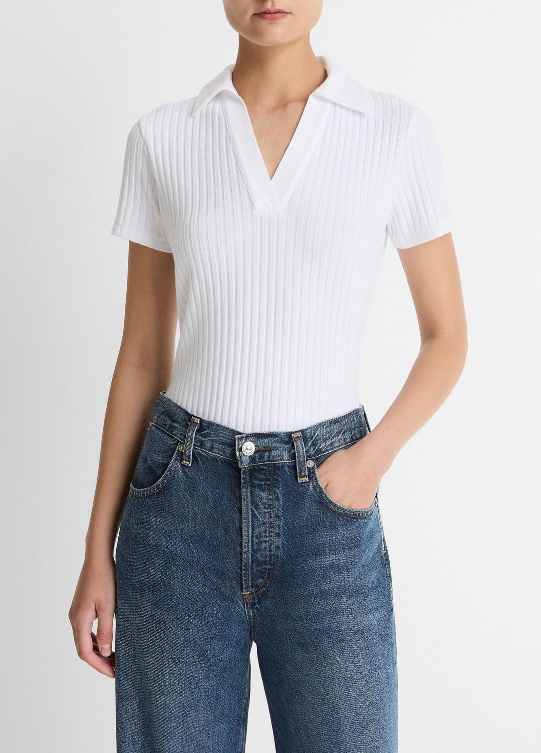 Ribbed Cotton-Blend Polo Shirt in Short Sleeve | VINCE Women