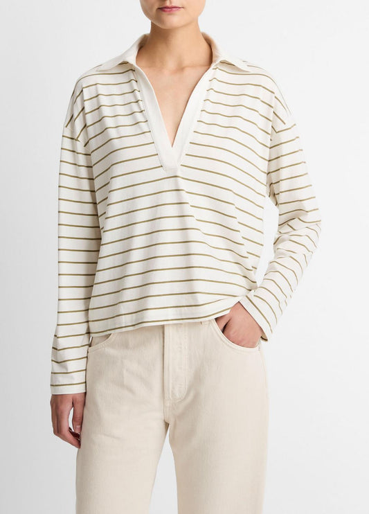 Striped Cotton Long-Sleeve Polo Shirt in Long Sleeve | VINCE Women