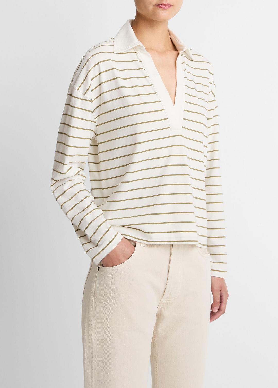 Striped Cotton Long-Sleeve Polo Shirt in Long Sleeve | VINCE Women