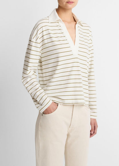 Striped Cotton Long-Sleeve Polo Shirt in Long Sleeve | VINCE Women