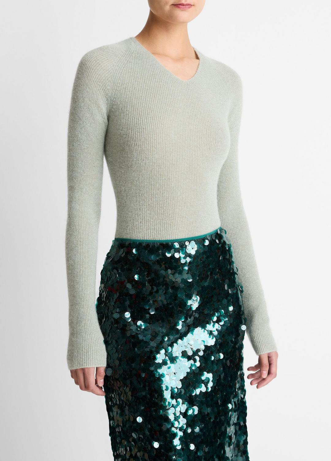 Metallic Ribbed High V-Neck Sweater in V-Neck | VINCE Women