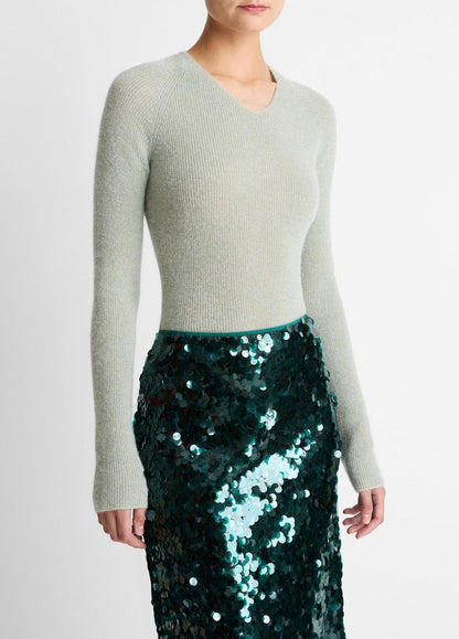 Metallic Ribbed High V-Neck Sweater in V-Neck | VINCE Women