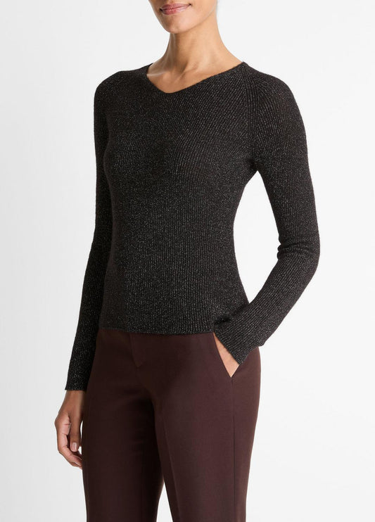 Metallic Ribbed High V-Neck Sweater in V-Neck | VINCE Women