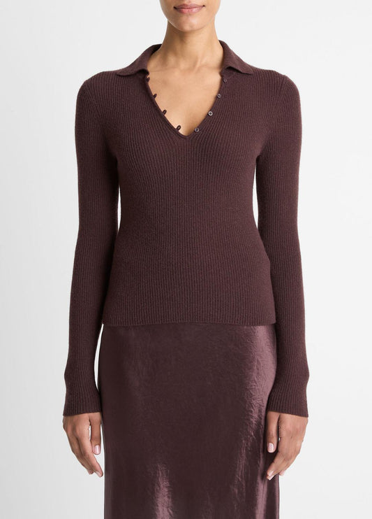 Ribbed Cashmere-Silk Polo Sweater in Cashmere | VINCE Women