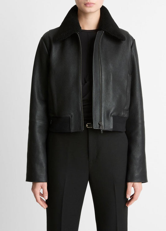 Shearling-Trim Shrunken Leather Jacket in Leather Jackets | VINCE Women