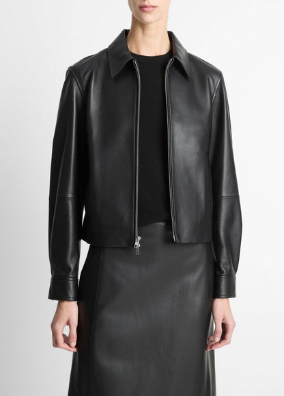 Leather Cropped Zip-Front Jacket in Jackets | VINCE Women