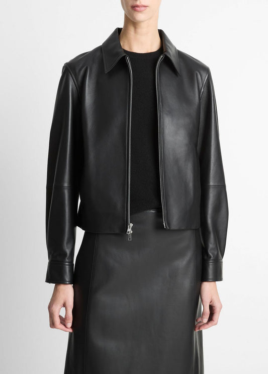Leather Cropped Zip-Front Jacket in Jackets | VINCE Women