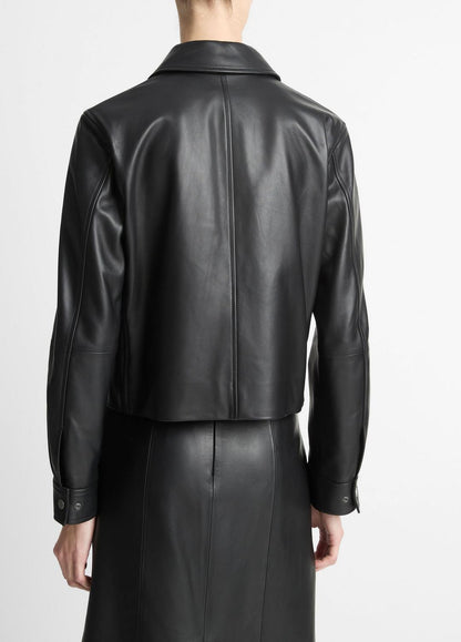 Leather Cropped Zip-Front Jacket in Jackets | VINCE Women