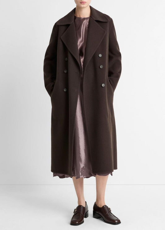 Wool-Blend Double-Breasted Long Coat in Coats | VINCE Women