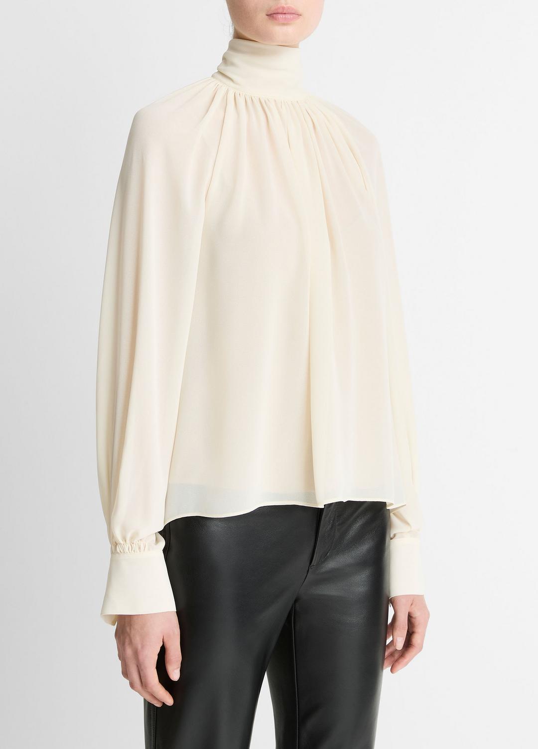Gathered Draped-Neck Crepe Blouse in Long Sleeve | VINCE Women