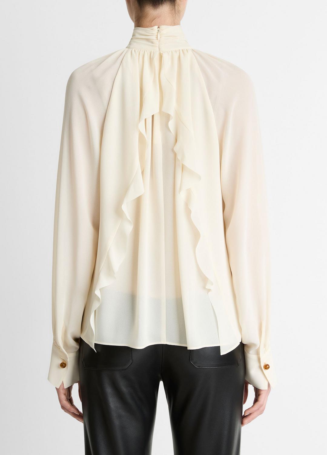 Gathered Draped-Neck Crepe Blouse in Long Sleeve | VINCE Women