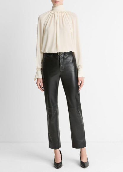 Gathered Draped-Neck Crepe Blouse in Long Sleeve | VINCE Women