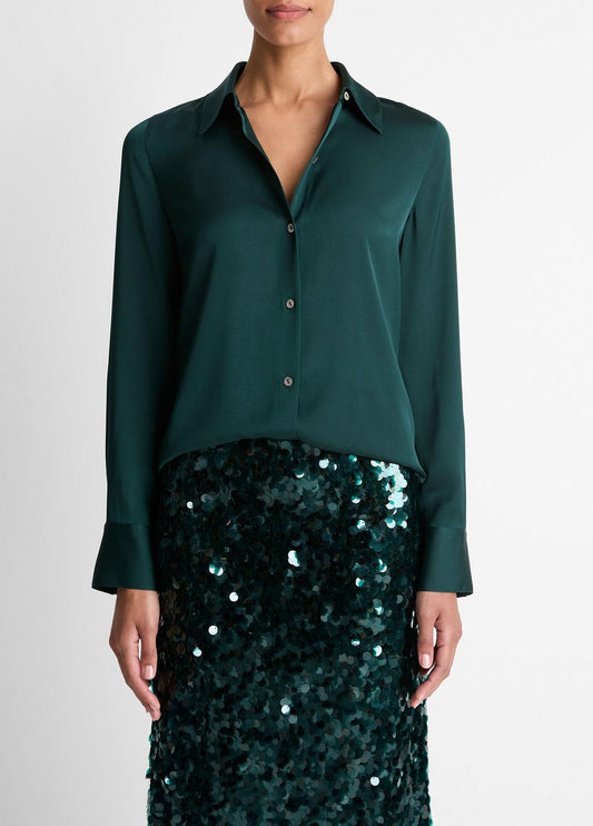 Silk-Blend Slim Button-Front Blouse in Long Sleeve | VINCE Women