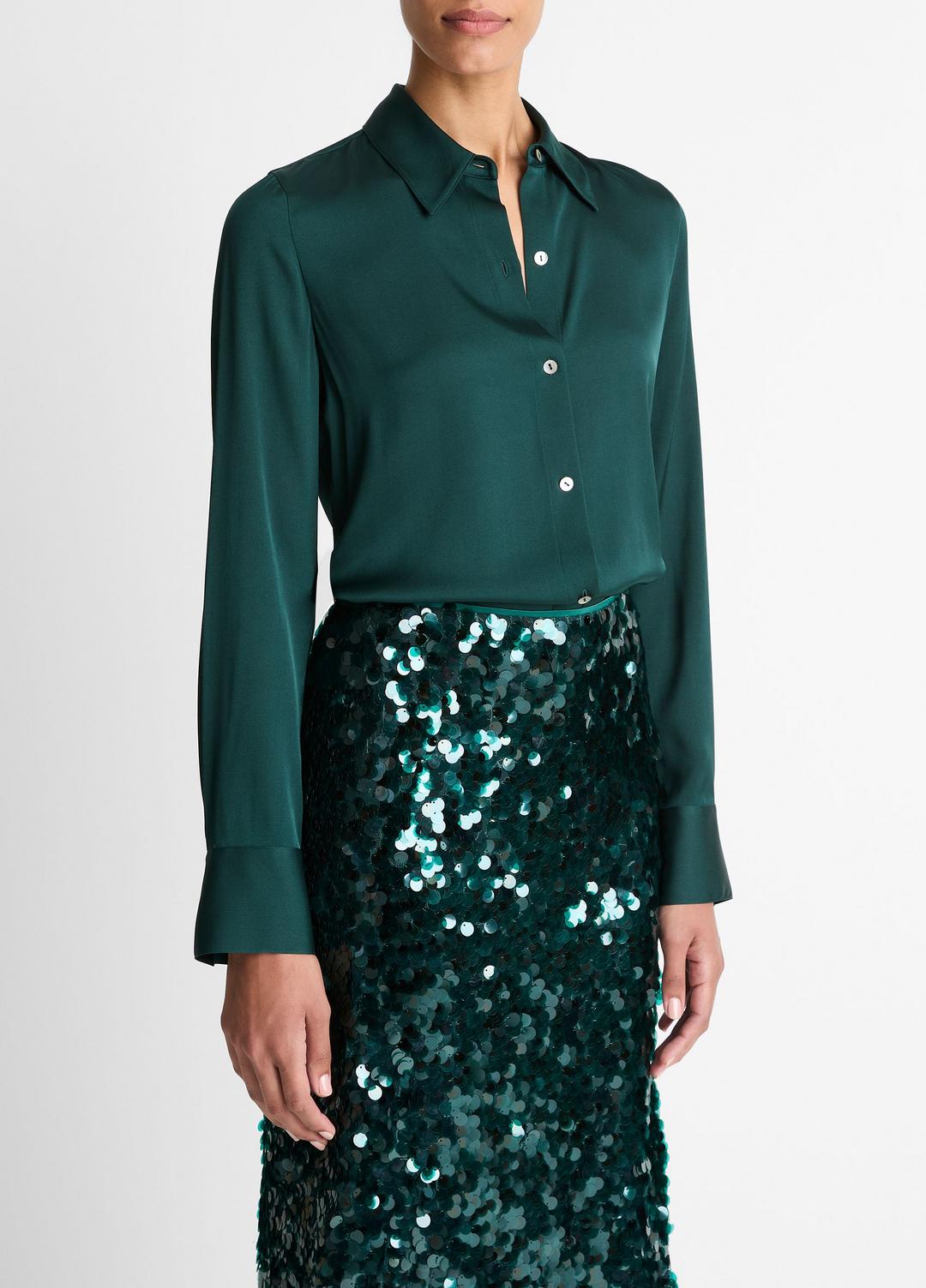 Silk-Blend Slim Button-Front Blouse in Long Sleeve | VINCE Women