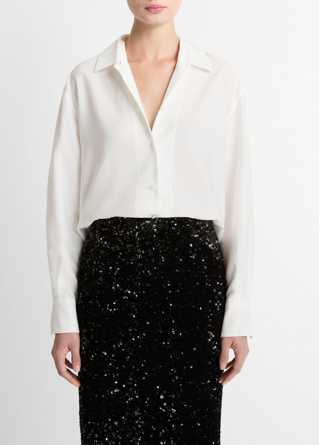Refined Twill Covered-Button Shirt in Long Sleeve | VINCE Women